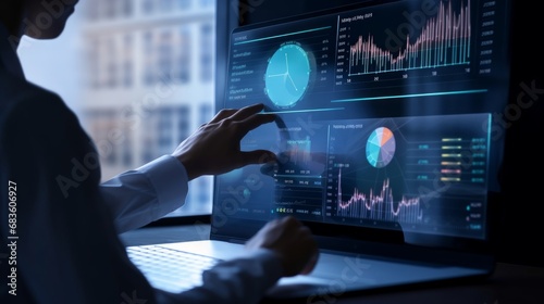 Business finance data analytics graph.Financial management technology.Advisor using KPI Dashboard on virtual screen, Generative AI  photo