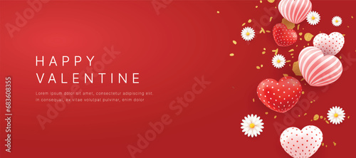 Happy Valentines Day banner with 3d red heart balloons, gold metal shapes on red background.