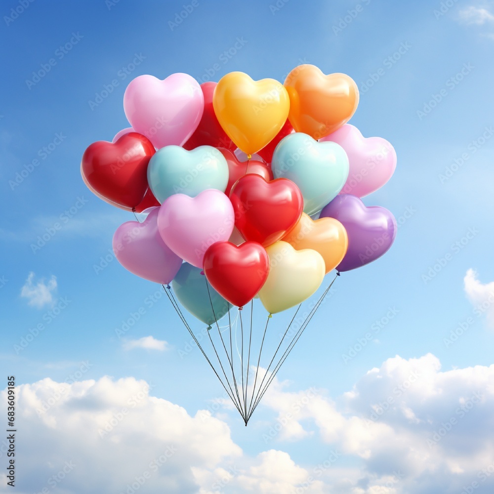 A heart-shaped arrangement of colorful balloons against a serene sky backdrop.