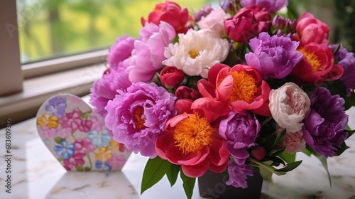 A heart-shaped arrangement of colorful peonies with a 'Happy Mother's Day' card nestled among them.