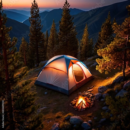 Camping tent on top of mountain, aerial view 