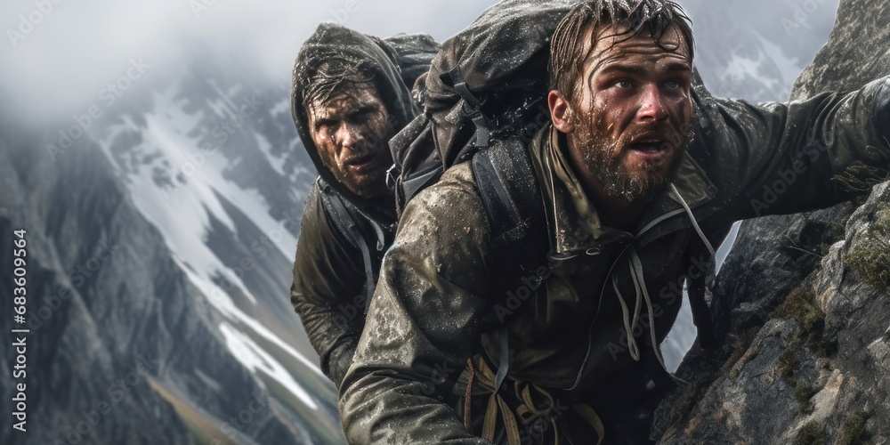 a man climbing a mountain with his backpack, generative AI a man climbing a mountain with his backpack, generative AI