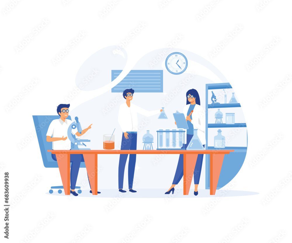 scientists two men and woman working at science lab. Laboratory interior, equipment and lab glassware.  flat vector modern illustration 