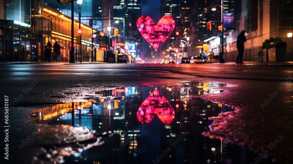 A heart-shaped puddle reflecting the colorful lights of a bustling urban street at night.