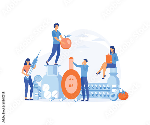 Diabetes poster with characters. Tiny people with diet food, diabetic medications and glucometers for sugar level blood test.  flat vector modern illustration 