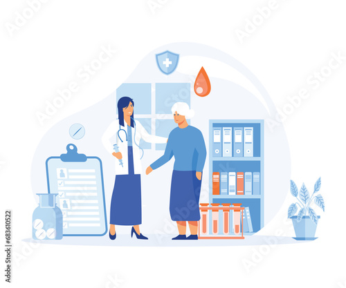 Diabetes control and healthcare concept. Doctor checking blood sugar level in an elderly man. flat vector modern illustration 