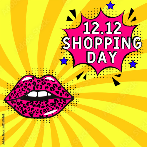 12.12 Shopping day. Comic book explosion with text - shopping day. Vector bright cartoon illustration in retro pop art style. Can be used for business, marketing and advertising. Banner flyer pop ar