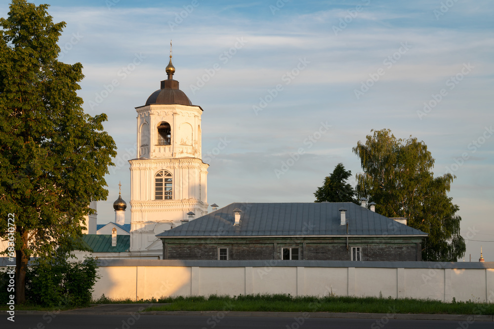 View of the bell tower of the St. Basil the Great Cathedral (Vasilievsky Cathedral)  in St. Vasilievsky Monastery on a sunny summer day, Suzdal, Vladimir Region, Russia