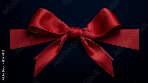 A high-resolution view of a scarlet ribbon intricately arranged on a solid navy blue base.