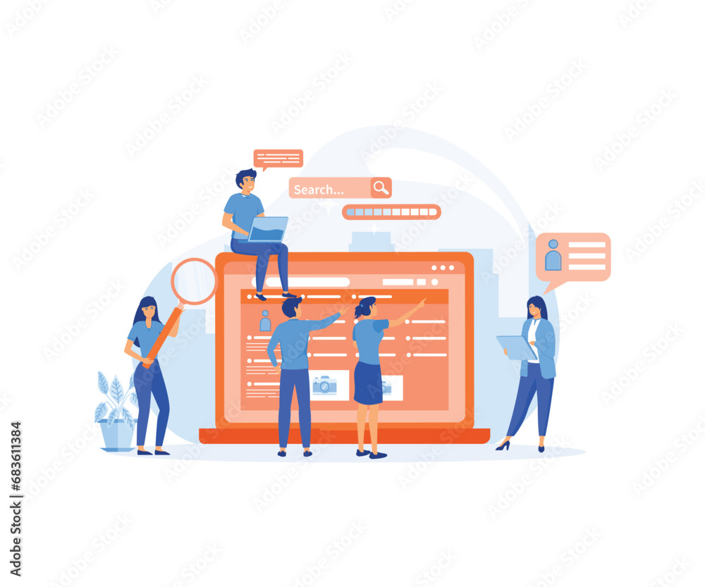 Job search. Recruitment. Head Hunting in social network. Employees looking for job. flat vector modern illustration Job search. Recruitment. Head Hunting in social network. Employees looking for job. flat vector modern illustration