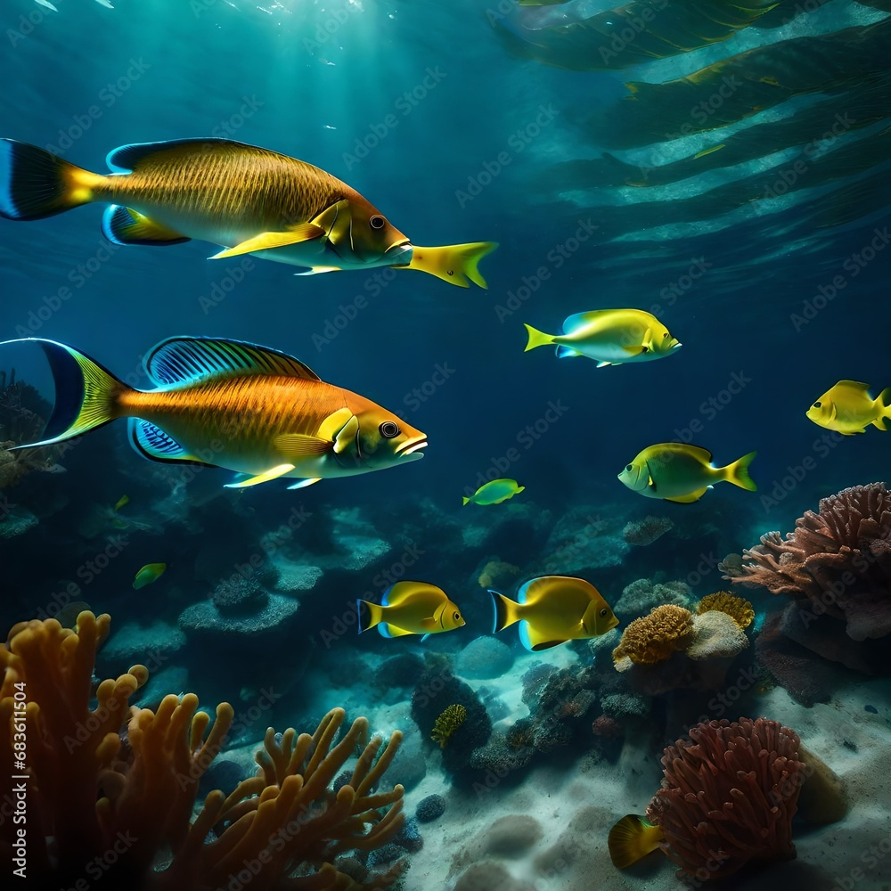 fishes in the water  near coralreefs