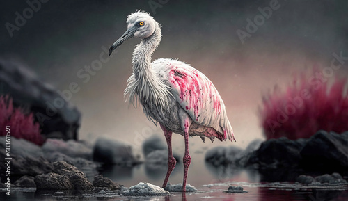 Flamingo in Cherry Blossom Flowers at Water Pond on Close Up Selective Focus Background photo