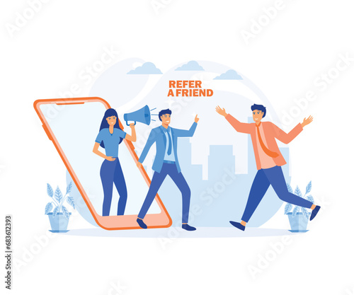 Man and Women get out of the smart phone with megaphones to Business partnership strategy, affiliate marketing. flat vector modern illustration