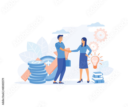 Business growth. Business porters a successful team. The investor holds money in ideas. financing of creative projects. woman and man business handshake. flat vector modern illustration
