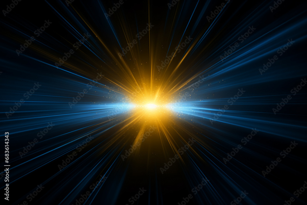 Fototapeta premium Glowing abstract blue sunburst on black background. AI Generative.