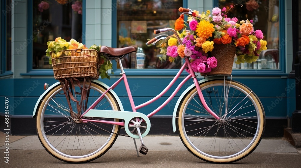 A quaint, vintage bicycle adorned with colorful flowers and a basket filled with gifts for Mom. - obrazy, fototapety, plakaty 