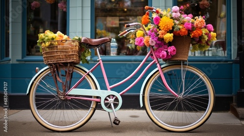 A quaint, vintage bicycle adorned with colorful flowers and a basket filled with gifts for Mom. photo