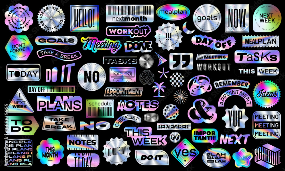 Collection of Vector Illustrations with Iridescent Foil Film. Set of Digital Holographic Modern Retro Futuristic Motivational Quotes. Shapes of Word with Hologram effects. Planner Sticker Scrapbook