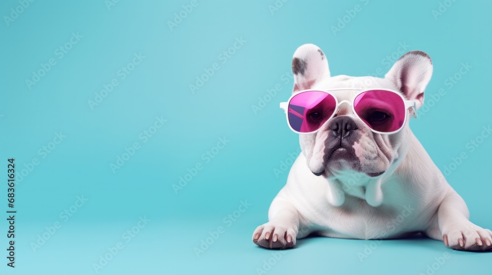 Bulldog dog in sunglass isolated on bright pastel colourful background. advertisement. template. product presentation. copy text space.