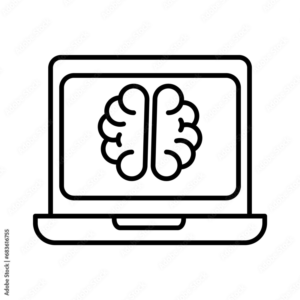 vector line art laptop and mind. smart brain icon. computer symbol