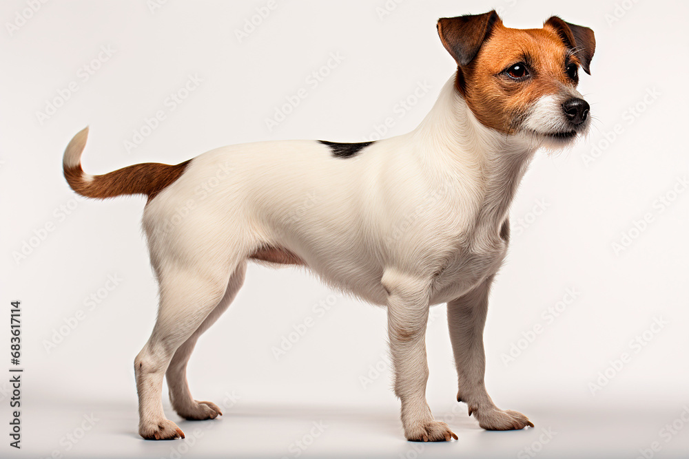 Jack Russell Terrier dog standing on a white background. Animal right-side portrait. Jack Russell Terrier dog standing on a white background. Animal right-side portrait.