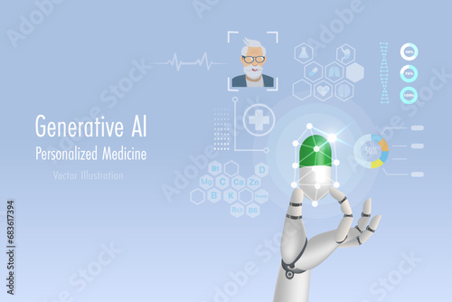 AI robotic hand holding personalized medicine for senior patient. Artificial Intelligence technology for medical and pharmaceutical research. Vector. 