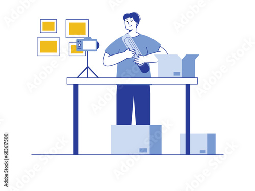 Conten creator are making a review and unboxing video. Content creator illustration.