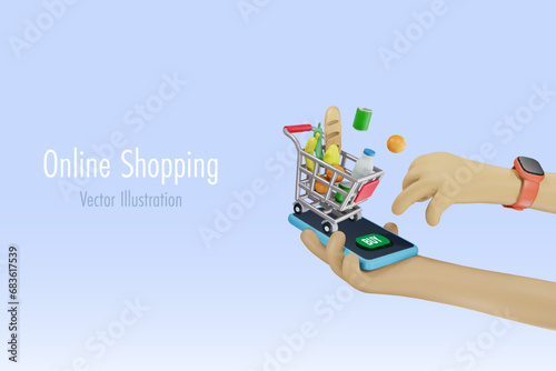 Online shopping and payment concept. Hand press Buy button with grocery shopping trolley cart on smartphone. 3D cartoon character. Vector. photo