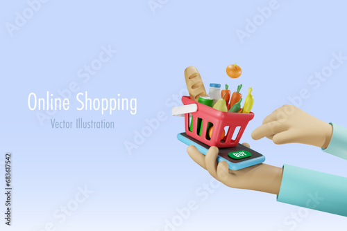 Online shopping and payment concept. Hand press Buy button with grocery shopping basket on smartphone. 3D cartoon character. Vector. photo