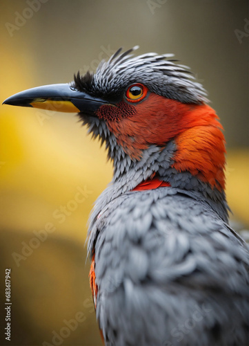 Gray and red feathers on a bird, in the style of yellow and orange, northern china's terrain, distinctive noses, paul gauguin, uhd image, zhichao cai, shiny eyes