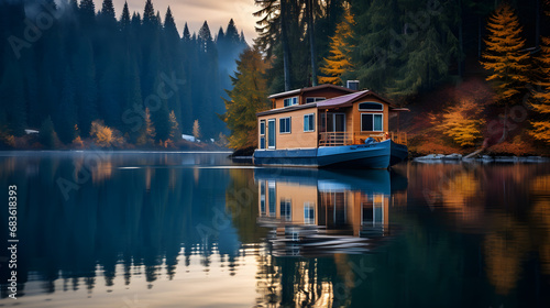 An image of a houseboat on a lake photo