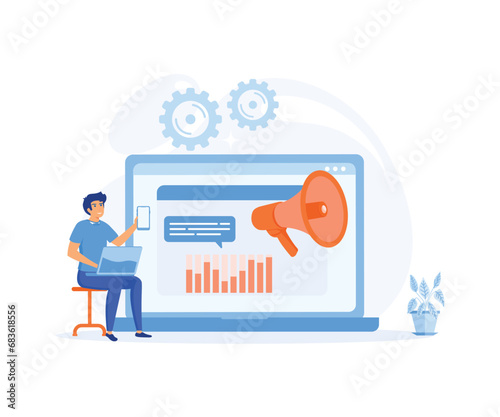  Digital marketing and promotion. Man characters analyzing graph, charts and planning marketing strategy to achieve business goals. flat vector modern illustration 