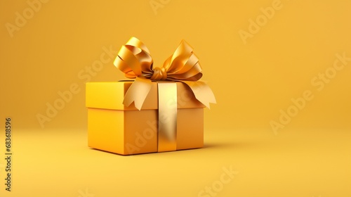 A single, elaborately wrapped gift box with a charming bow, set against a captivating plain yellow background.