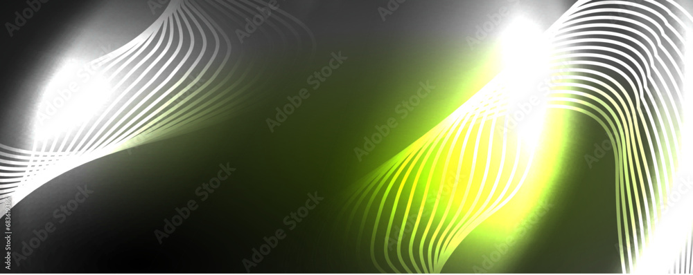 Shiny neon waves, dynamic electric motion, energy or speed concept. Vector illustration for wallpaper, banner, background, leaflet, catalog, cover, flyer Shiny neon waves, dynamic electric motion, energy or speed concept. Vector illustration for wallpaper, banner, background, leaflet, catalog, cover, flyer