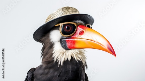 Hornbill bird in sunglass isolated on bright white background. advertisement. template. product presentation. copy text space. © CassiOpeiaZz