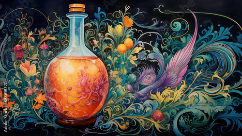 An imaginative portrayal of a potion bottle labeled "Truth Serum" with vibrant colors and surreal elements