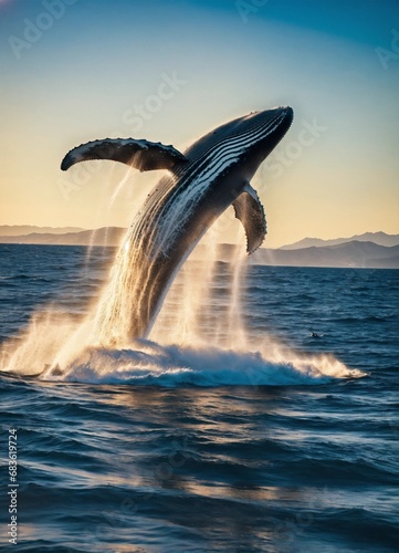 National Geographic award winning drone photograph of a humpback whale spraying and spouting water above the surface, Exciting movement, bright light, film grain, lens flare, bright morning sky, Kodac © Muhammad