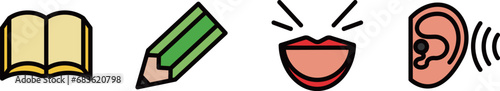言語習得に必要な基本的な4つのスキルを表現したシンプルな黒線のカラーのアイコン
