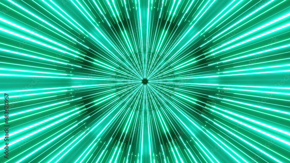 Fototapeta premium Flying inside neon tunnel with rays of light. Design. Blinking lights of time speed corridor.