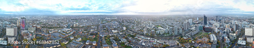 Aerial Ultra Wide Panoramic View of Central West Croydon London City of England United Kingdom. The Footage Was Captured with Drone's Camera on Mostly Cloudy Day of November 20th, 2023