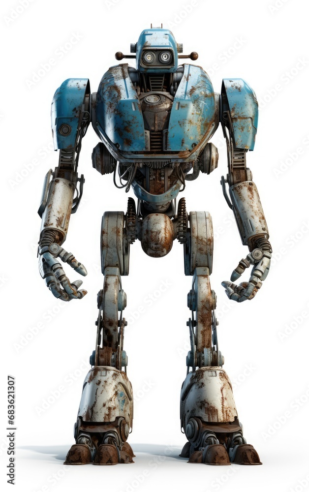 Robot F125 blue fighting old rusted iron One isolated on white background.