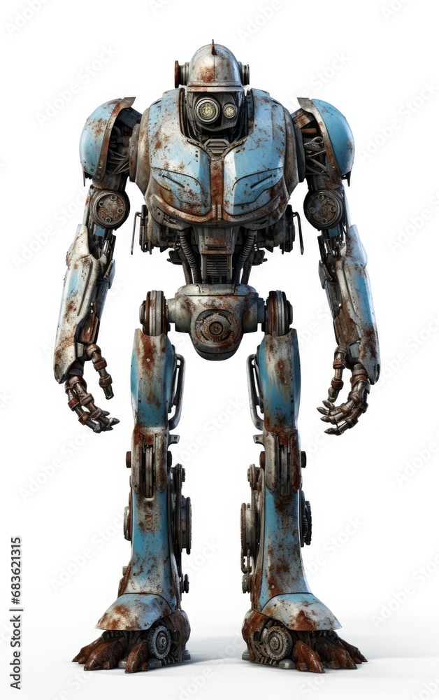 Robot F126 blue fighting old rusted iron One isolated on white background. Robot F126 blue fighting old rusted iron One isolated on white background.