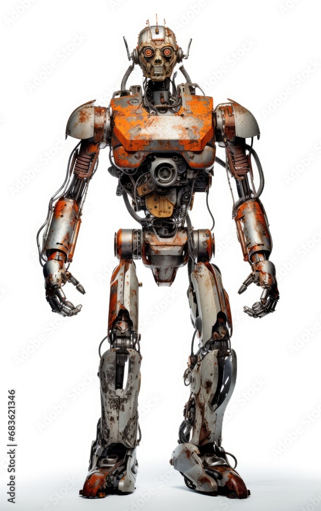 Robot F138 orange fighting old rusted iron One isolated on white background.