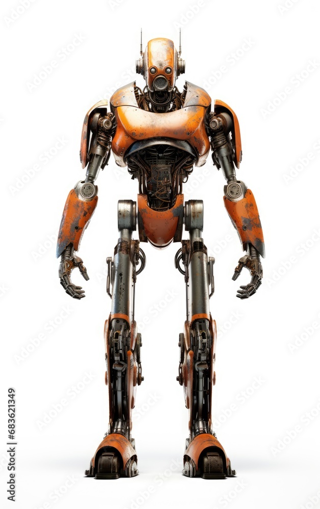 Robot F140 orange fighting old rusted iron One isolated on white background. Robot F140 orange fighting old rusted iron One isolated on white background.