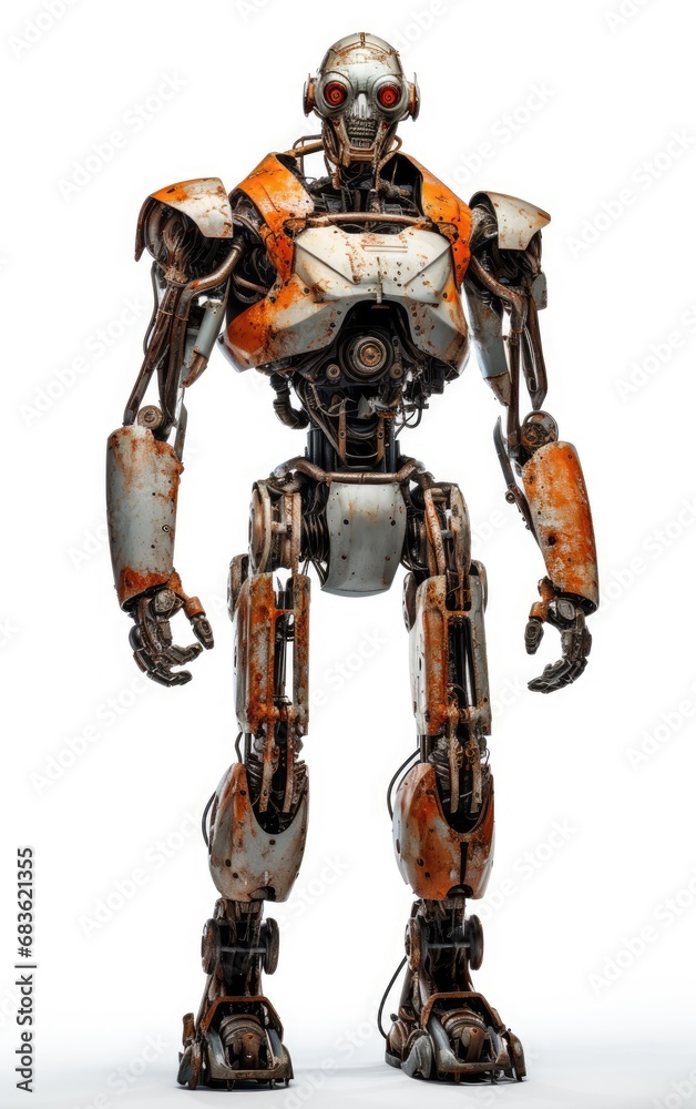 Robot F145 orange fighting old rusted iron One isolated on white background. Robot F145 orange fighting old rusted iron One isolated on white background.