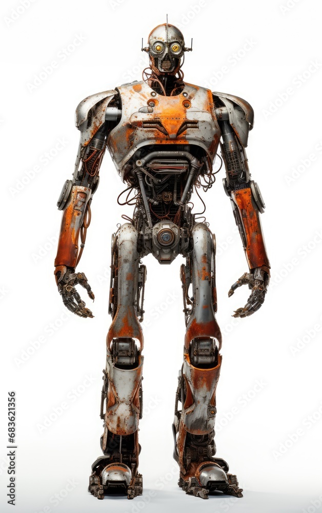 Robot F143 orange fighting old rusted iron One isolated on white background.
