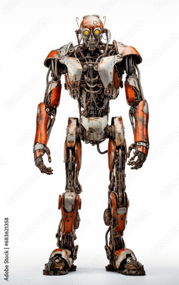 Robot F146 orange fighting old rusted iron One isolated on white background.