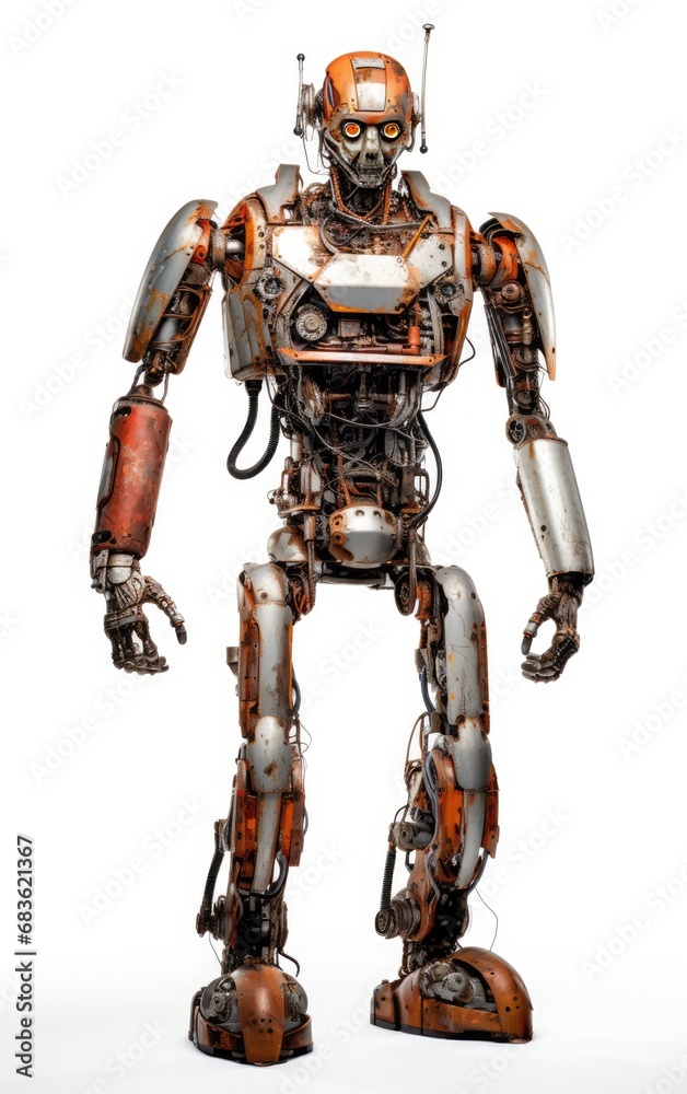 Robot F151 orange fighting old rusted iron One isolated on white background. Robot F151 orange fighting old rusted iron One isolated on white background.