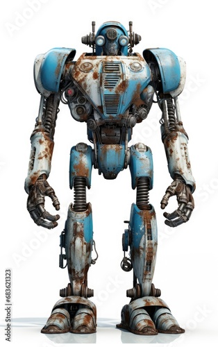 Robot F129 blue fighting old rusted iron One isolated on white background.