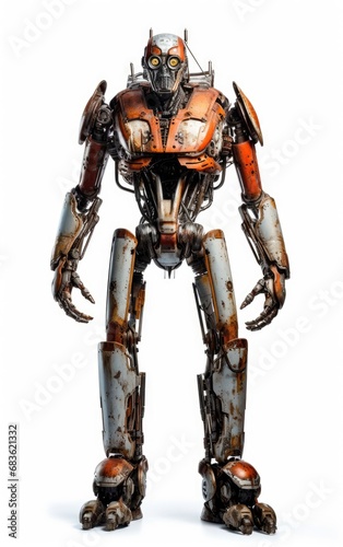 Robot F130 orange fighting old rusted iron One isolated on white background.